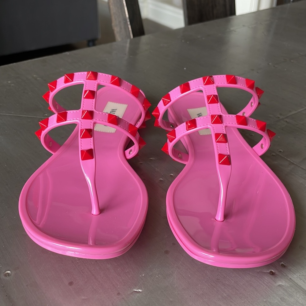 Valentino rockstud jelly pink red pvc thong sandal flat sz 37 with box - Picture 2 of 12